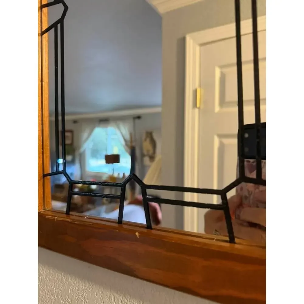 Vintage Wood & Leaded-Style Glass Arch Mirror – 23” x 13”